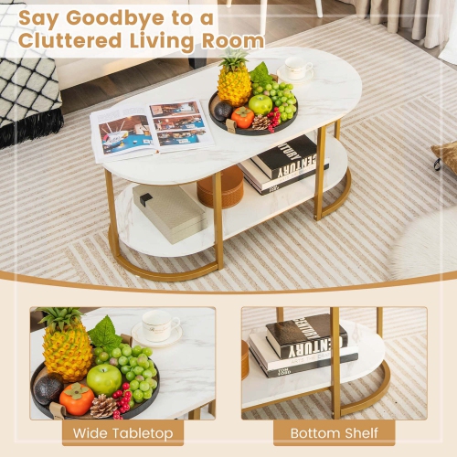 Costway White Marble Coffee Table Modern 2-Tier Center Table with Open Storage Shelf