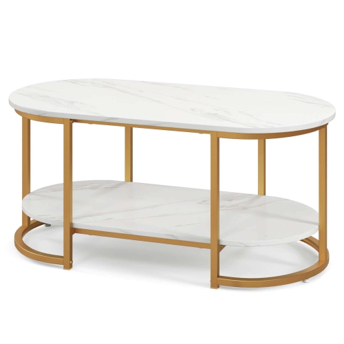 Costway White Marble Coffee Table Modern 2-Tier Center Table with Open Storage Shelf