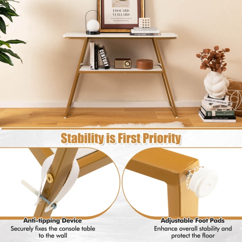 Table d'entrée longue étroite à 2 niveaux de 44 po avec rangement et or de Costway