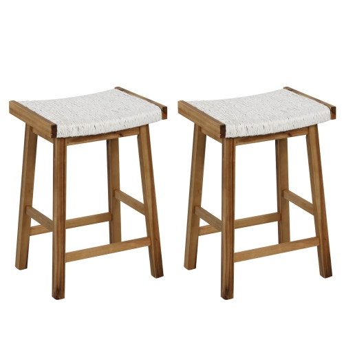 COSTWAY  25.5" Dining Saddle Stool Set Of 2 Counter Height Seaweed Woven Seat Solid Wood