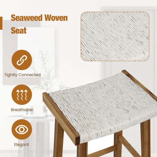 Costway 25.5" Dining Saddle Stool Set of 2 Counter Height Seaweed Woven Seat Solid Wood