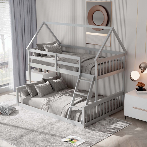 Costway Twin Over Full House Bunk Bed with Ladder & Guardrails Convertible to 2 Beds