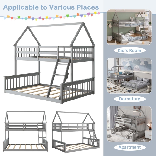 Costway Twin Over Full House Bunk Bed with Ladder & Guardrails Convertible to 2 Beds