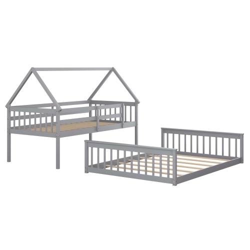 Costway Twin Over Full House Bunk Bed with Ladder & Guardrails Convertible to 2 Beds