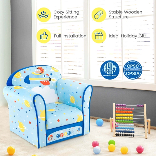 Costway Kid's Sofa Chair Toddler Upholstered Armchair Wooden Frame Children Couch Blue