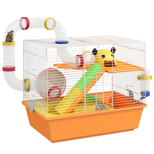 PawHut Hamster Cage 3 Tiers Small Animal House for Dwarf Hamster Gerbil Cage with Complete Tunnels, Water Bottle, Exercise Wheel, Food Dish, Ramps, H