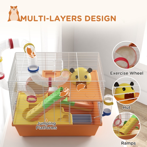 PawHut Hamster Cage 3 Tiers Small Animal House for Dwarf Hamster Gerbil Cage with Complete Tunnels, Water Bottle, Exercise Wheel, Food Dish, Ramps,