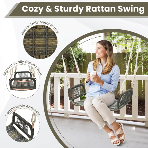 Costway Wicker Porch Swing Curved Rattan Swing Seat with Cozy Armrests for Front Porch