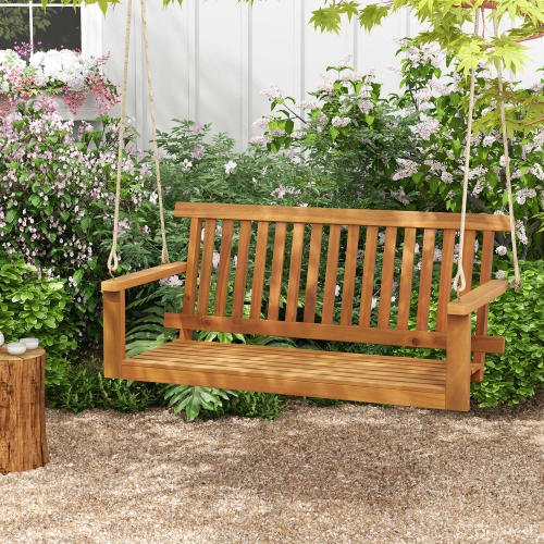 COSTWAY  2-Seat Porch Swing Bench Acacia Wood Chair With 2 Hanging Hemp Ropes for Backyard