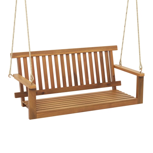 Costway 2-Seat Porch Swing Bench Acacia Wood Chair with 2 Hanging Hemp Ropes for Backyard