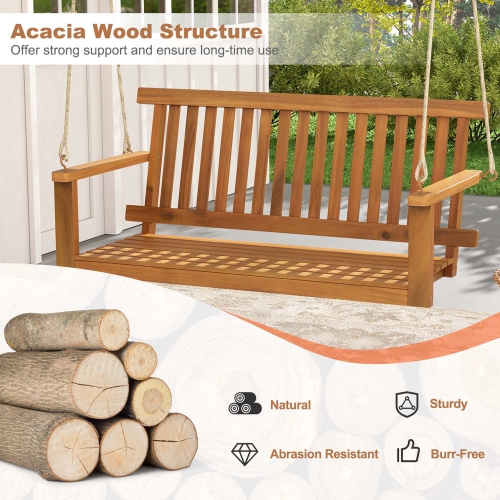 Costway 2-Seat Porch Swing Bench Acacia Wood Chair with 2 Hanging Hemp Ropes for Backyard