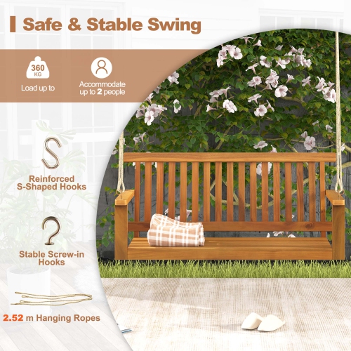 Costway 2-Seat Porch Swing Bench Acacia Wood Chair with 2 Hanging Hemp Ropes for Backyard