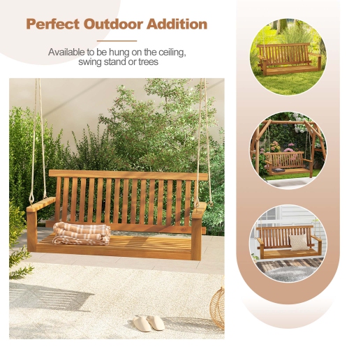 Costway 2-Seat Porch Swing Bench Acacia Wood Chair with 2 Hanging Hemp Ropes for Backyard