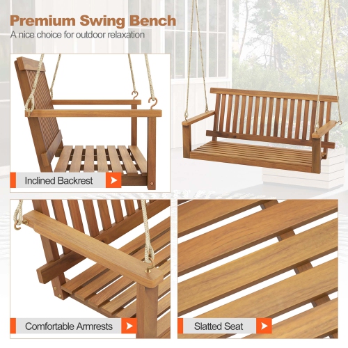 Costway 2-Seat Porch Swing Bench Acacia Wood Chair with 2 Hanging Hemp Ropes for Backyard