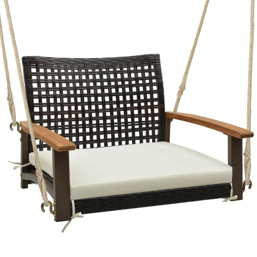 Costway Outdoor Single Swing Chair Bench 1-Person Rattan Porch Swing with Cushion