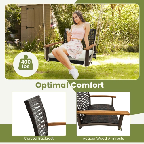 Costway Outdoor Single Swing Chair Bench 1-Person Rattan Porch Swing with Cushion