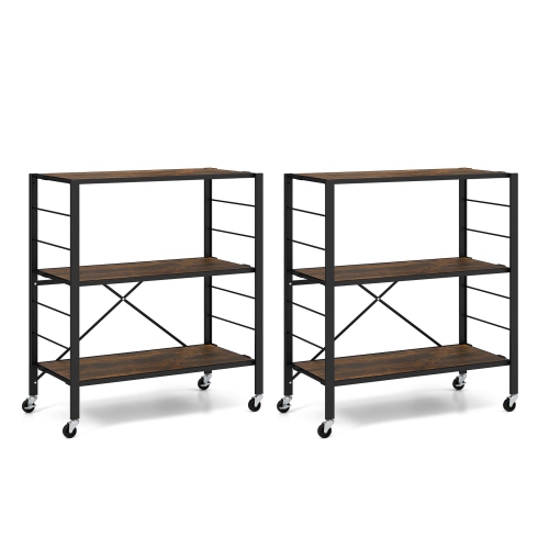 COSTWAY  2 PCs 3-Tier Folding Shelf Free Diy Design Shelving Unit With 4 Universal Wheels Kitchen In Black