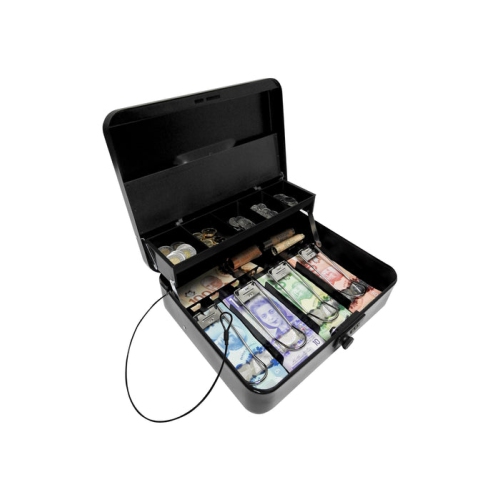 ROYAL SOVEREIGN  Tiered Tray Deluxe Cash Box With Security Cable Black