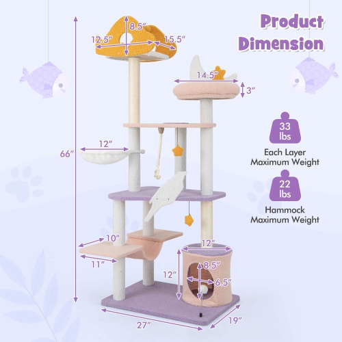 Gymax Cat Tree Cats Multi-level Cat Tower w/ Sisal Covered Scratching Posts Hammock