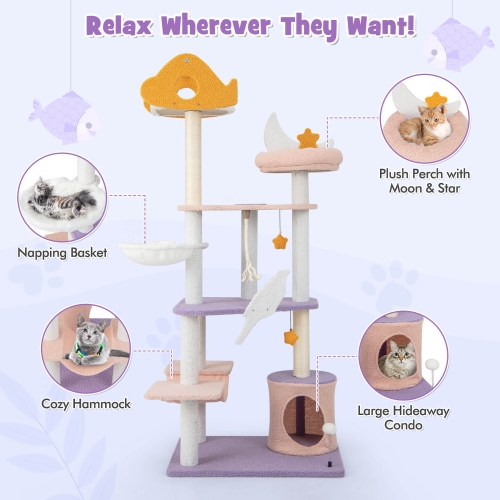 Gymax Cat Tree Cats Multi-level Cat Tower w/ Sisal Covered Scratching Posts Hammock