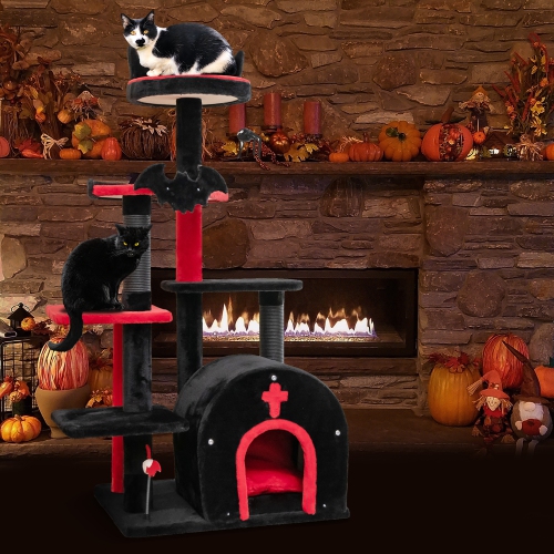 Gymax 6-Tier Gothic Cat Tree 53'' Tall Cat Tower w/ Cat Bed Arch-Shaped Condo Pompom