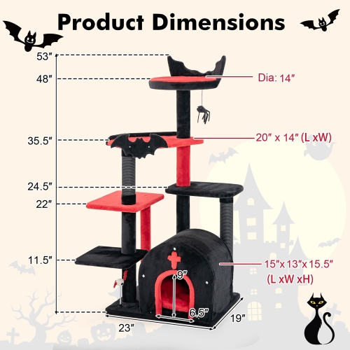 Gymax 6-Tier Gothic Cat Tree 53'' Tall Cat Tower w/ Cat Bed Arch-Shaped Condo Pompom