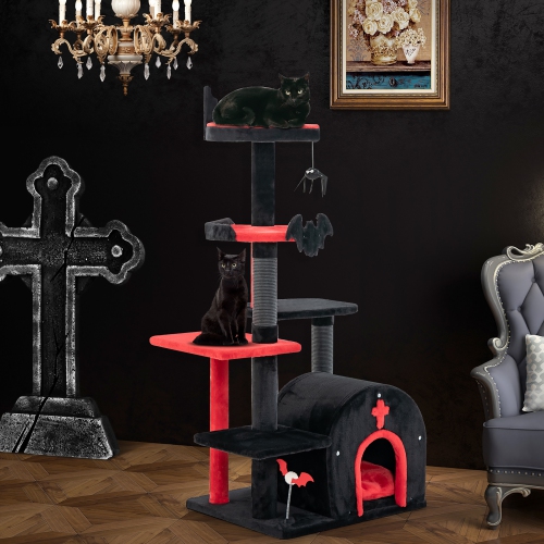 Gymax 6-Tier Gothic Cat Tree 53'' Tall Cat Tower w/ Cat Bed Arch-Shaped Condo Pompom