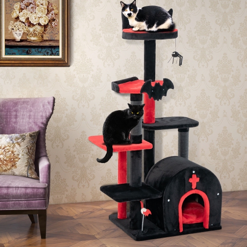 Gymax 6-Tier Gothic Cat Tree 53'' Tall Cat Tower w/ Cat Bed Arch-Shaped Condo Pompom