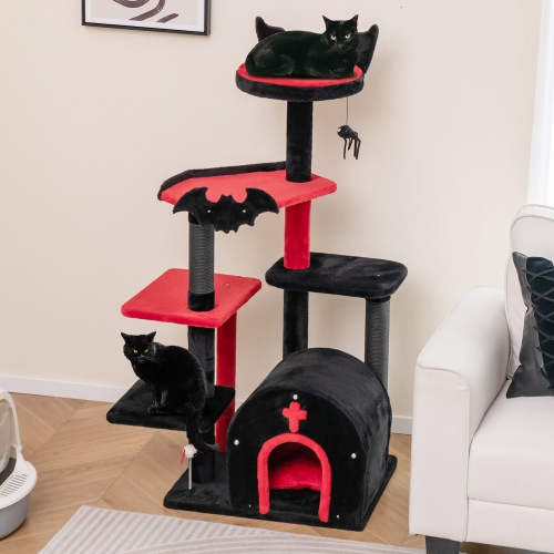 Gymax 6-Tier Gothic Cat Tree 53'' Tall Cat Tower w/ Cat Bed Arch-Shaped Condo Pompom