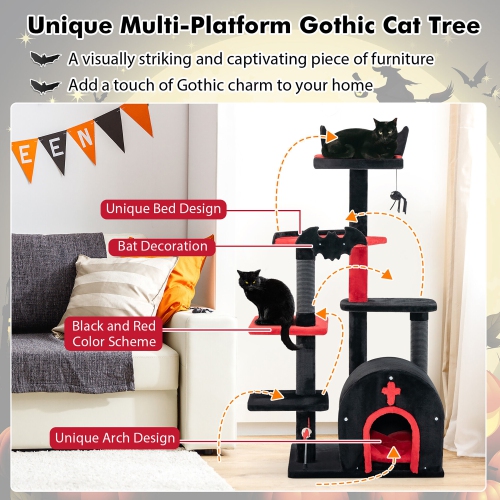 Gymax 6-Tier Gothic Cat Tree 53'' Tall Cat Tower w/ Cat Bed Arch-Shaped Condo Pompom