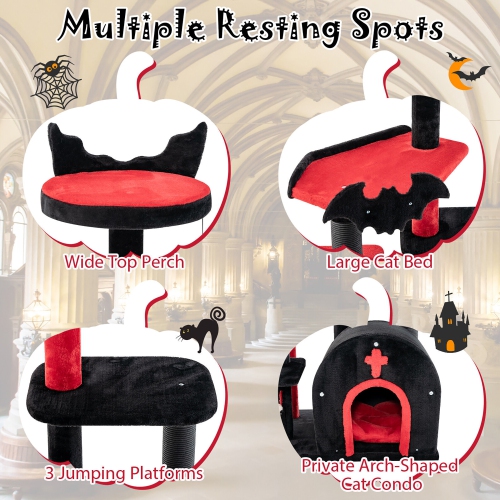 Gymax 6-Tier Gothic Cat Tree 53'' Tall Cat Tower w/ Cat Bed Arch-Shaped Condo Pompom