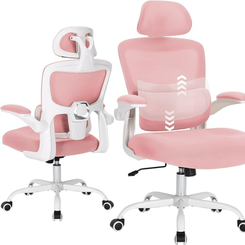 KOSSMAI  Home Office High Back Ergonomic Swivel Mesh Computer Chair With Flip-Up Arms - In Pink