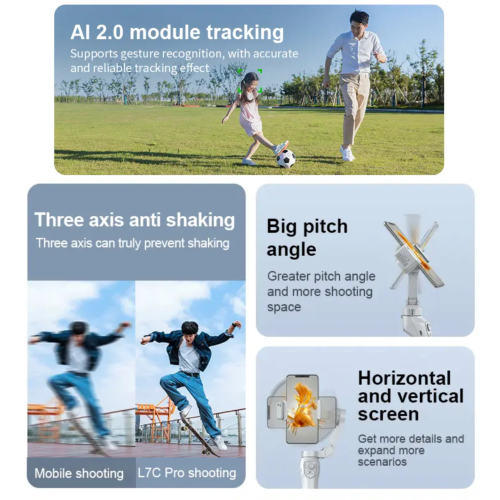 Module L7C Pro + AI de TUTT | Perche à égoportrait pour téléphone intelligent Stabilisateur à cardan à 3 axes | Suivi automatique du visage