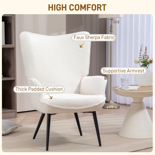 HOMCOM Modern Sherpa Boucle Accent Chair, Upholstered Lounge Chair, Fluffy Armchair for Living Room, Bedroom, Reading Room, Cream White