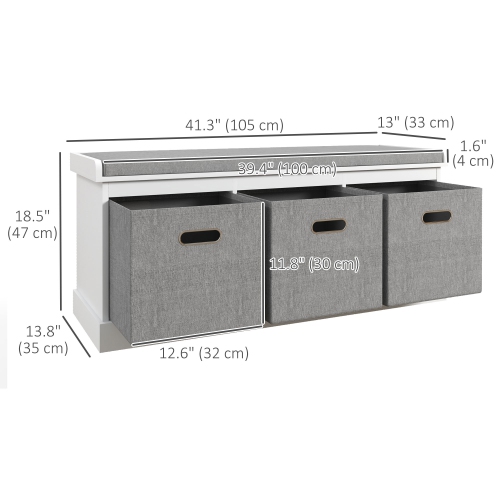 HOMCOM – Banc à chaussures avec coussin de siège, banc d'entrée avec 3 tiroirs pliables en tissu pour couloir, salon, blanc
