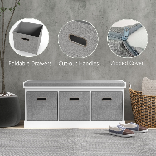 HOMCOM – Banc à chaussures avec coussin de siège, banc d'entrée avec 3 tiroirs pliables en tissu pour couloir, salon, blanc
