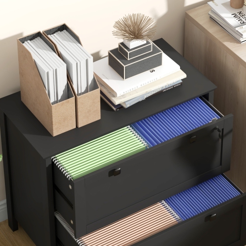 HOMCOM Lateral File Cabinet with 2 Drawer, Lockable Filing Cabinet with Adjustable Hanging Bar for Letter, A4 and Legal Size, Black