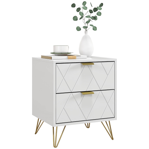 HOMCOM Bedside Table, Modern Nightstand with 2 Drawers, Small Sofa End Table with Storage and Gold Hairpin Legs for Bedroom, White