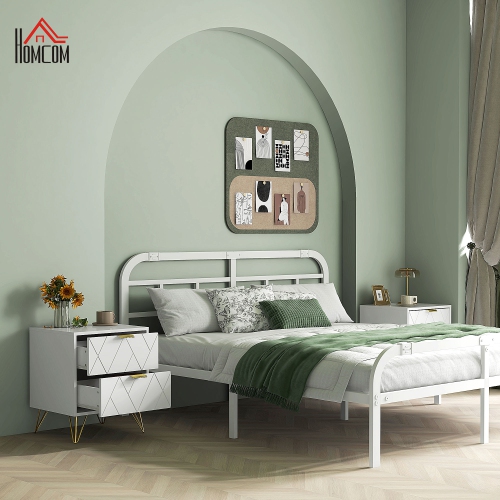 HOMCOM Bedside Table, Modern Nightstand with 2 Drawers, Small Sofa End Table with Storage and Gold Hairpin Legs for Bedroom, White