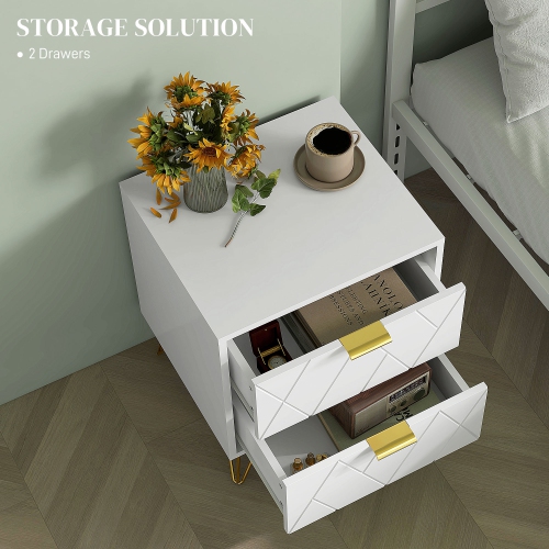 HOMCOM Bedside Table, Modern Nightstand with 2 Drawers, Small Sofa End Table with Storage and Gold Hairpin Legs for Bedroom, White