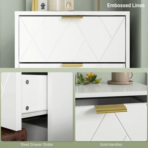 HOMCOM Bedside Table, Modern Nightstand with 2 Drawers, Small Sofa End Table with Storage and Gold Hairpin Legs for Bedroom, White