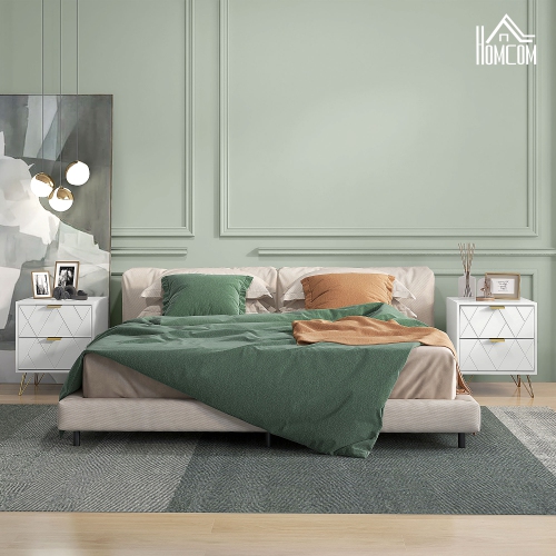 HOMCOM Bedside Table, Modern Nightstand with 2 Drawers, Small Sofa End Table with Storage and Gold Hairpin Legs for Bedroom, White