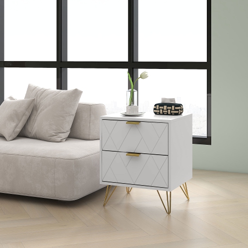 HOMCOM Bedside Table, Modern Nightstand with 2 Drawers, Small Sofa End Table with Storage and Gold Hairpin Legs for Bedroom, White