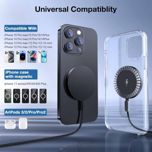Magnetic Wireless Charger for iPhone, Mag Charger Fast Charging Pad 2 Pack for iPhone 15 14 13 12 Pro Max Plus & Airpods 2 3 Pro, Black