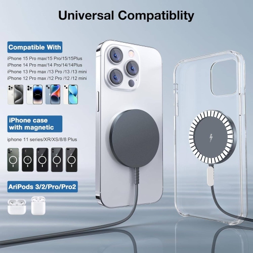 Magnetic Wireless Charger for iPhone, Mag Charger Fast Charging Pad 2 Pack for iPhone 15 14 13 12 Pro Max Plus & Airpods 2 3 Pro, Gray
