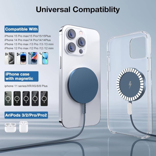 Magnetic Wireless Charger for iPhone, Mag Charger Fast Charging Pad 2 Pack for iPhone 15 14 13 12 Pro Max Plus & Airpods 2 3 Pro, Blue