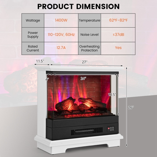 Costway 27" Electric Fireplace Heater Freestanding 1400W Remote Control Timing Function