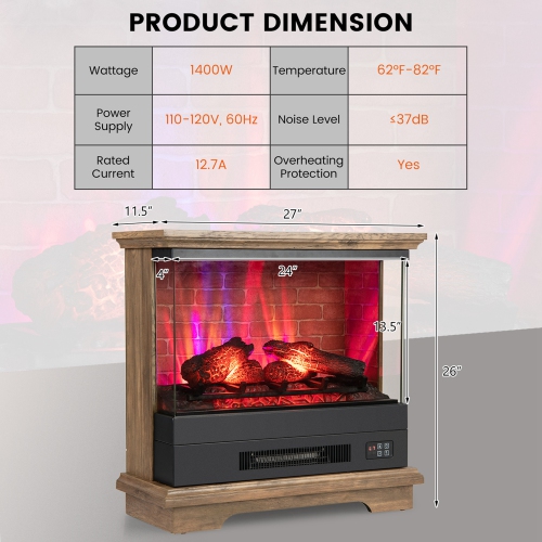 Costway 27" Electric Fireplace Heater Freestanding 1400W Remote Control Timing Function