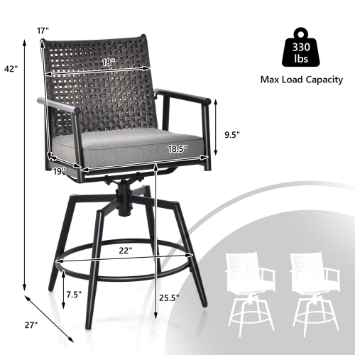 Costway 360° Swivel Bar Stool Set of 2 Counter Height Bar Chair with Metal Frame