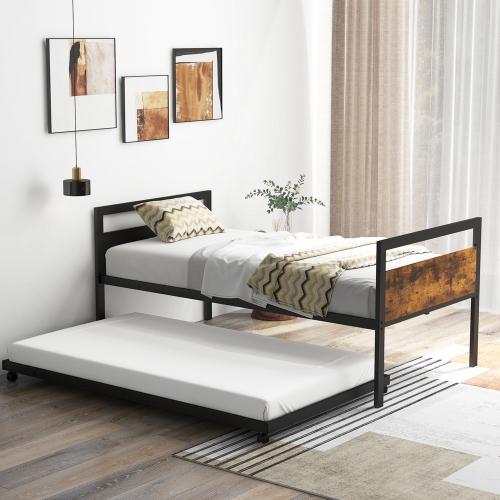 Costway Twin Metal Daybed with Trundle Lockable Wheels Heavy Duty Metal Slats Support